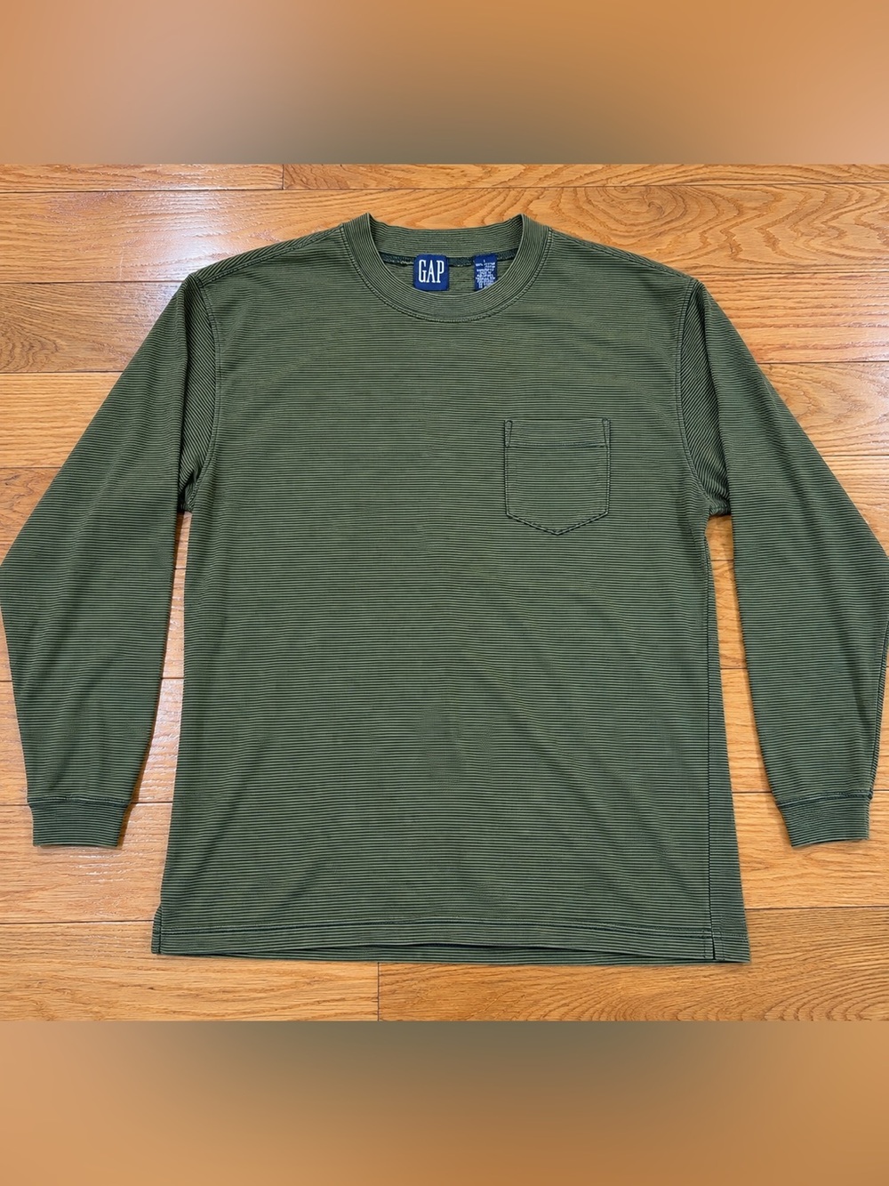 Size L GAP Men’s Long Sleeve Shirt Olive Green Striped Crewneck Pocket Cotton
